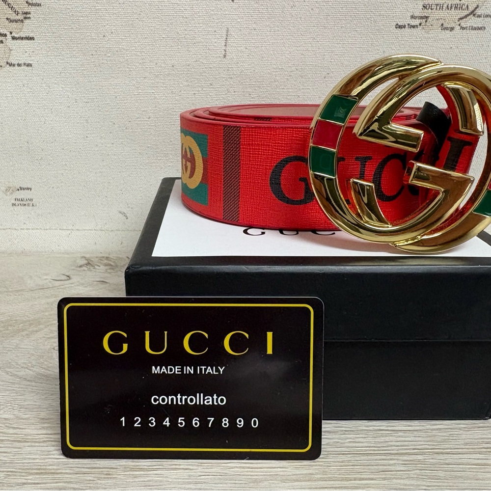 Gucci Red and Green Belt with Gold Accents 36/40